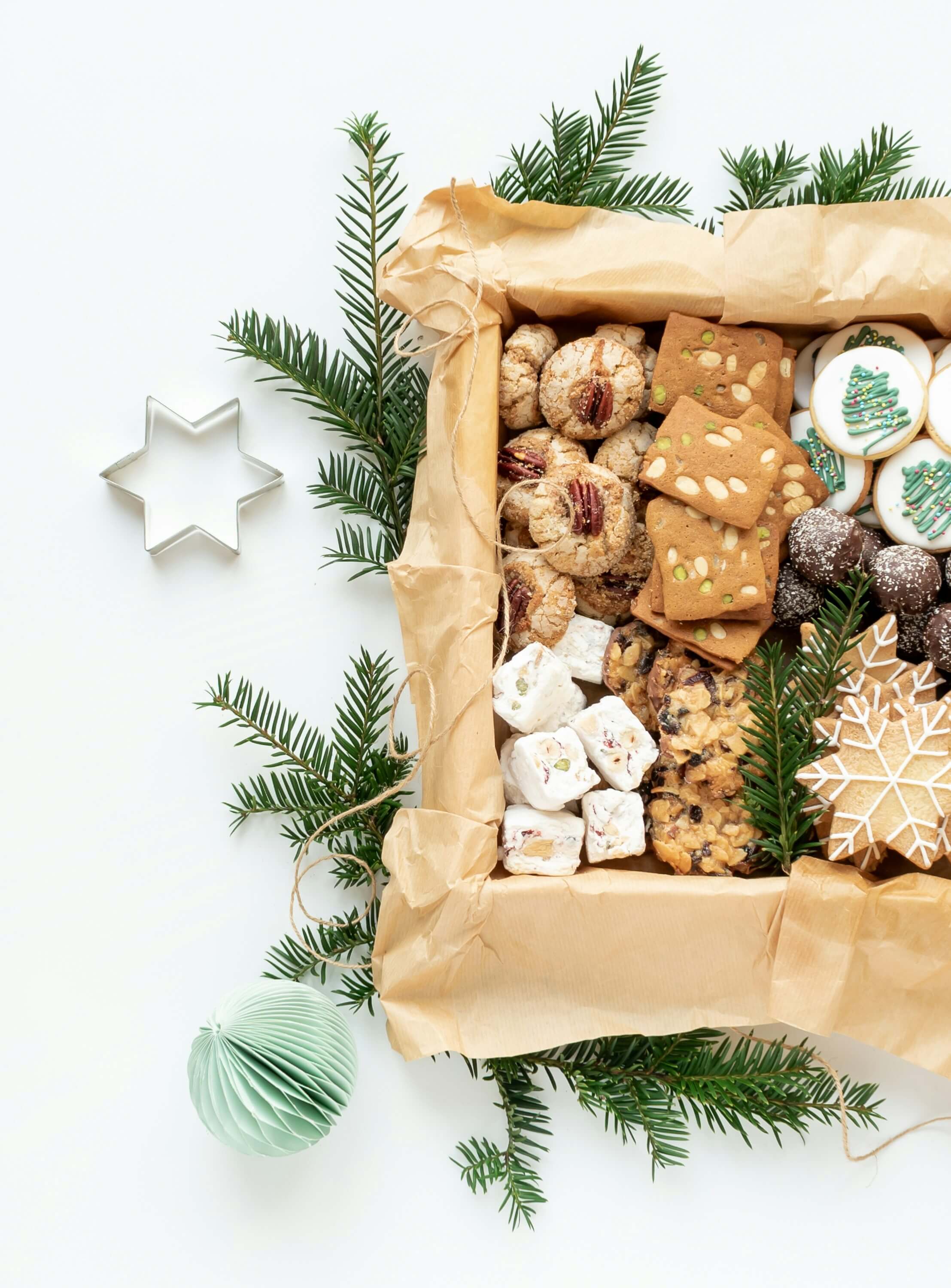 Festive holiday treats including gingerbread and decorated cookies